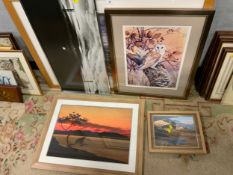 A collection of assorted pictures and prints to include a Barn Owl signed print and a large Highland