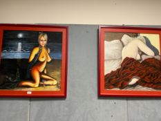A pair of oil on canvas paintings depicting naked females 60 x 60 cm. (2)