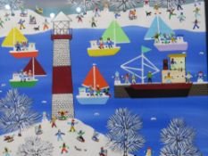 (XXI) GORDON BARKER - A MODERN FRAMED AND GLAZED PAINTING 'Fun In The Midnight Snow' 40 x 39.5 cm