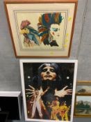 An Alex Madam (1986) drawing of a rocker and a cockerel together with a framed jigsaw of Freddie