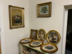 A collection of assorted pictures and prints to include portrait engravings, floral oil on canvases,