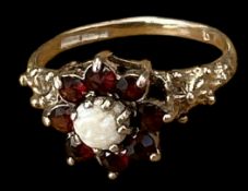 Granatring, mittig Opal, Silber-830- "HCR", vergoldet, RG 50, 1,8 gr