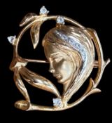 Jugendstil-Brosche, Silber vergoldet, klare Steine, D-ca. 4 cm, 11,2 gr.