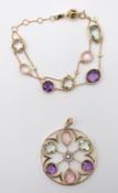 aufwendig gearbeitetes Set aus 750er GG , besetzt mit Brillantem, Amethyst, Aquamarin und Rosenquar