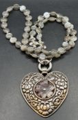 Haslkette, Mondstein/Achat-Plättchen mit grossen Herz-Anhänger, Silber-800-, Kette ca. 56 cm, Anhän