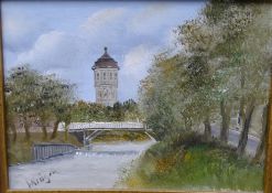 Walther KRUEGER (XX) "Wasserturm" wohl in Emden, ÖlMalfaser, gerahmt, RG 22x26,5 cm