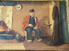 Hans FENGER (1893-1980)  "Ostfriese vor Kachelofen" Öl/Leinen, Rahmen gebrochen, RG  80x98 cm, (ger