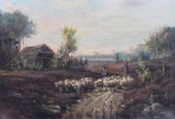 F.Leschrod, Schäfer mit Herde, älter, ungerahmt, Öl/Leinwand, restau.bedürftig, ca. 40 x 50cm