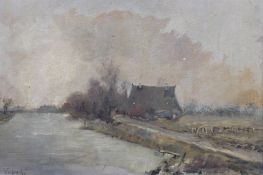 Ernst VOLBRECHT (1877-1964), Häuser an der Elbe, Öl/Hartfaser, gerahmt, restau.bedürftig, RG 44 x 5