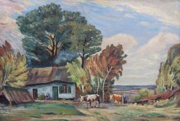 Gehöft mit Bäuerin und Vieh, r.u. monogrammiert, Öl/Malkarton, gerahmt, RG 43 x 59cm