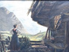Gemälde Landschaft/Hütte, anonym, Öl/Leinen, gerahmt, RG 41 x 37cm