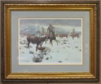 James Reynolds Pencil Signed Print, Cowboys in Snow.