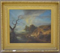 19th C. Oil on Canvas, Cows by the Stream.