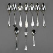 German .800 Silver Serving Spoons and Fork, 10 Pieces.