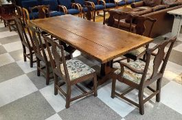 Oak Trestle Table and 8 Chairs.