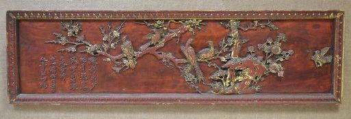 Chinese Carved Wood, Red and Gilt Panel.