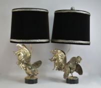 Pair of Continental Brass Fighting Cockerel Table Lamps.
