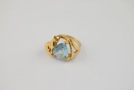 14K Yellow Gold Ring with Blue Triangular Stone.