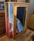 Oak Doll Display Cabinet With 2 Dolls.