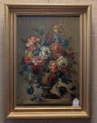 19th C. Oil On Canvas, Still Life, Urn With Flowers.