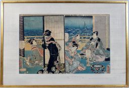 Utagawa Kunisada Woodblock Print, Seated Man & Geisha.