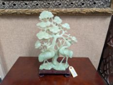 Asian Light Green Hard Stone Sculpture, 2 Cranes Under A Tree.