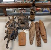 Group Of African Small Masks, Mask Wall Hangings And Bamboo Box