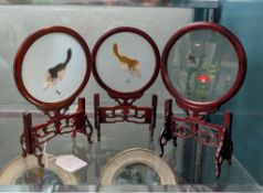 (3) Chinese Embroidered Silk Circular Panels In Rosewood Frames