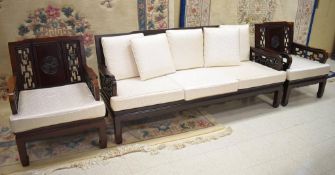 Oriental Rosewood Plank Seat Sofa And 2 Armchairs