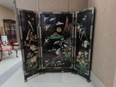 Oriental Black Lacquered 3-Panel Screen With Jade And Hard Stone