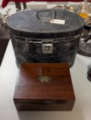 Metal Hat Box With Hat And Scarf Plus Mahogany Box.