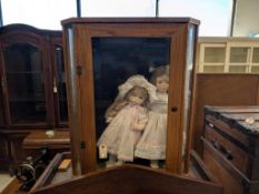 Oak Doll Display Cabinet With 2 Dolls.