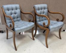 (2) Bentwood Framed Armchairs With Silk Tuft Upholstery.