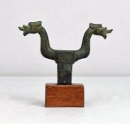 Bronze Twin Headed Staff Finial.
