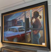 Mark Keller Oil On Canvas, Woman In A Phone Booth.