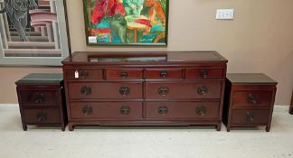 Oriental Hard Wood 8-Drawer Dresser & Pair Of Nightstands.