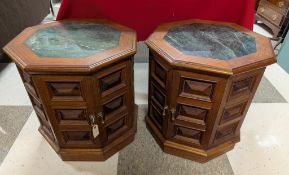 Pair Of Octagonal, 2-Door End Tables With Green Marble Top Inserts.
