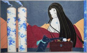 Color Lithograph, Seated Woman and Black Cat.