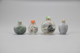 (4) Snuff Bottles. Jade & Reverse Painted Glass.