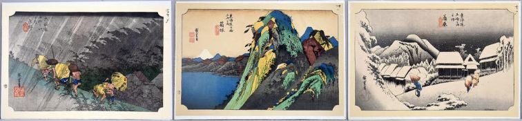 Utagawa Hiroshige, 3 Woodblocks from 53 Stations of Tokaido.