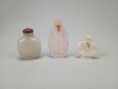 (3) Chinese Snuff Bottles. Jade, Rose Quartz, M-O-P.