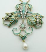 Collier aus Blattornamenten mit Diamanten, Opal u. Perle 750 GG