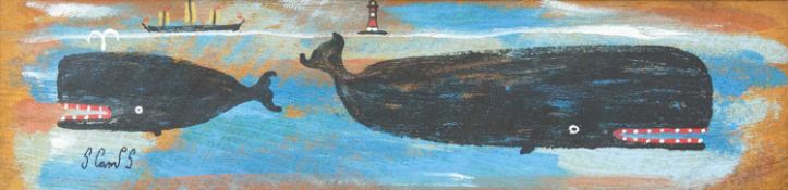 Stephen CAMPS (1957) Two Whales, a Boat and a Lighthouse