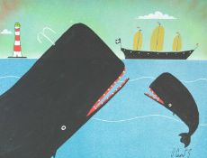 Stephen CAMPS (1957) Two Whales, A Boat and a Lighthouse