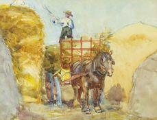 Early 20th Century Westcountry School Building a rick - horses and a wagon in the mowhay