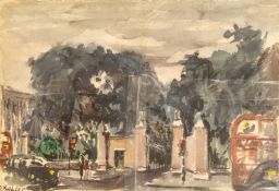 Double-sided mId-Century Watercolour London Bus before a Park