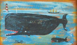 Stephen CAMPS (1957) Two Whales, A Boat and a Lighthouse