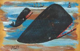 Stephen CAMPS (1957) Two Whales, a Boat and a Lighthouse
