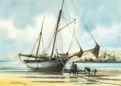 Tony WARREN (1930-1994) Beached Sailboat with Horse and Cart