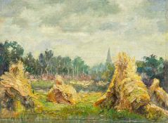 A NIKOLSKY Haystacks with a distant spire